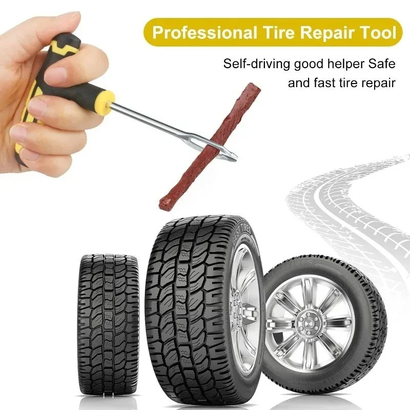 Portable Car Tire Puncture Repair Kit T-Handle Tools Glue Strips Universal for Truck Motorcycle RV Roadside Safety