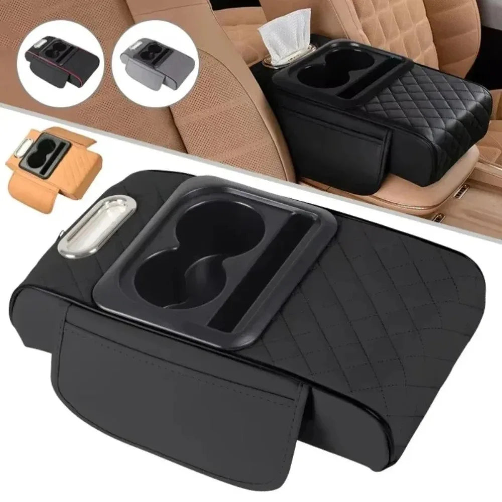 Car Armrest Storage Box — Center Console Organizer with Heightening Cushion & Cup Holder | 2 Colors