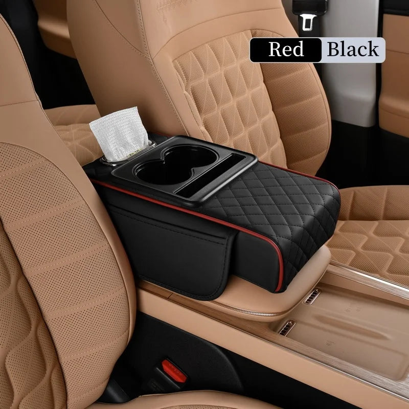 Car Center Console Cover — Nappa Leather Armrest Cushion with Cup Holders, Phone Slot & Storage | 2 Colors