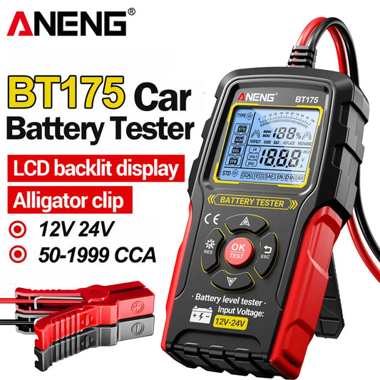 12V 24V Car Battery Tester Digital Automotive Load Tester 50-1999 CCA Battery Analyzer ANENG BT175 With Insulated Alligator Clip