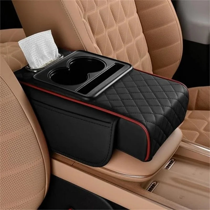Car Center Console Cover — Nappa Leather Armrest Cushion with Cup Holders, Phone Slot & Storage | 2 Colors