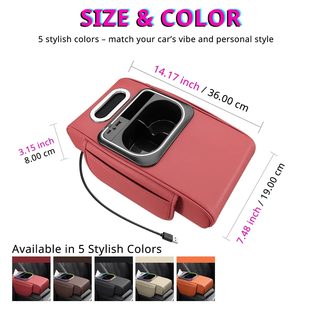 Multifunctional Car Armrest Cushion — Center Console Organizer with Fast Charger, LED Light & Storage | 5 Colors