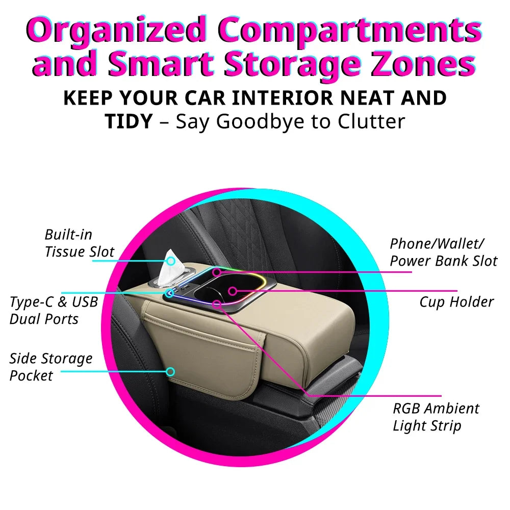Multifunctional Car Armrest Cushion — Center Console Organizer with Fast Charger, LED Light & Storage | 5 Colors