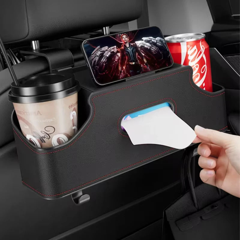 Car Backseat 3-in-1 Organizer Storage Box — Cup Holder, Tissue & Phone Slot with Hooks | 4 Colors