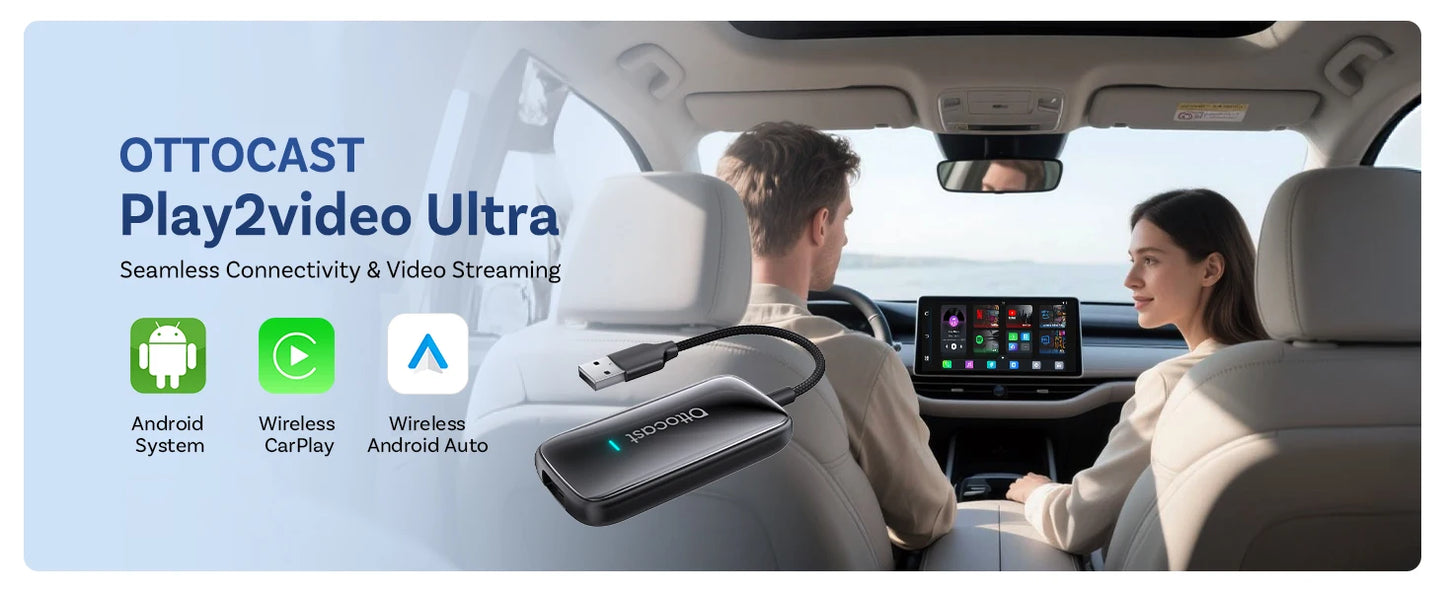 OTTOCAST Play2Video Ultra Wireless CarPlay AI Box Video Streaming for Car YouTube Netflix IPTV Plug&Play for Factory Wired CarPl