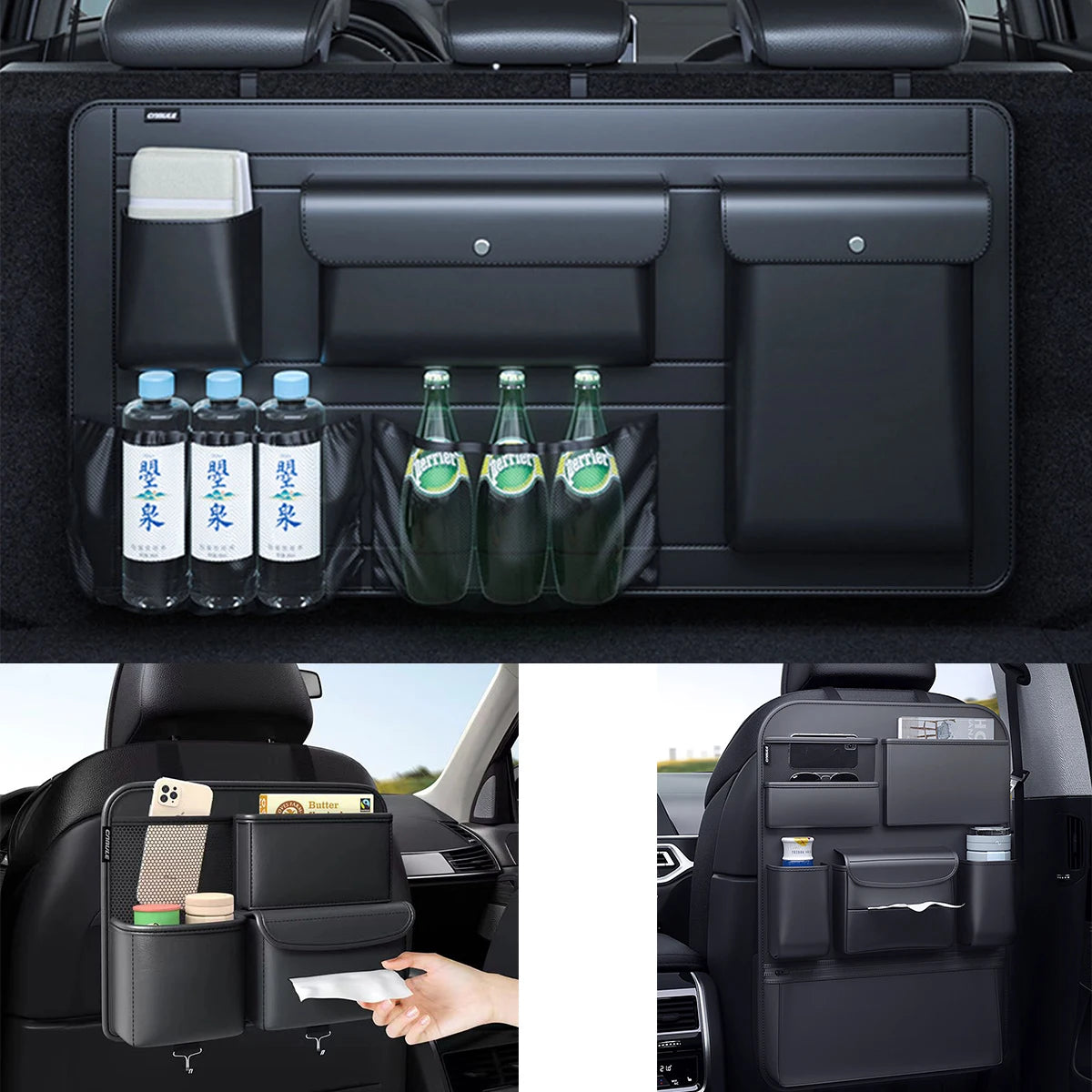 Premium PU Leather Car Seat Back & Trunk Organizer — 5-Pocket Multi-Use Storage