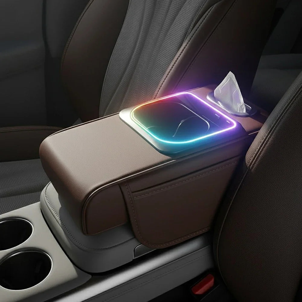 Multifunctional Car Armrest Cushion — Center Console Organizer with Fast Charger, LED Light & Storage | 5 Colors