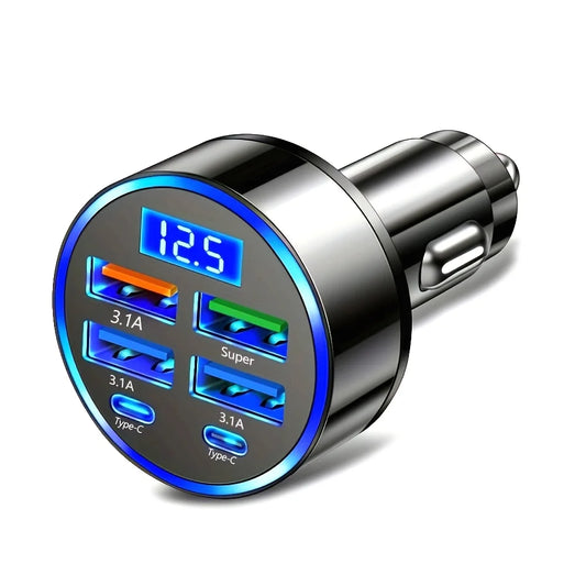6-in-1 Fast Charging Car Adapter 3.1A Dual Type-C Digital Display Smartphones Tablets Power Banks Black Portable Charger