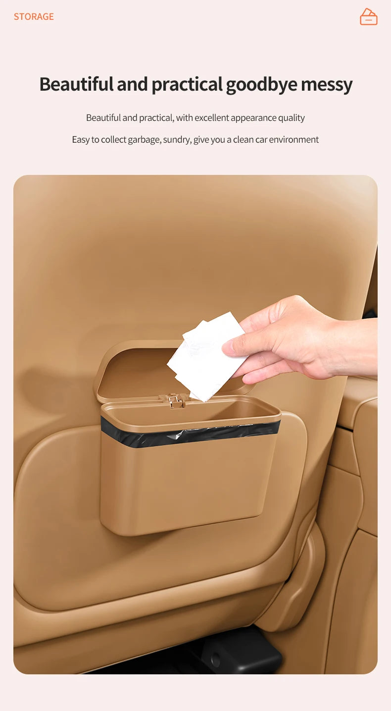 Multifunctional Car Trash Can with Lid Button Hanging Storage Bin for Wet and Dry Use Auto Interior Accessories Organizer Box