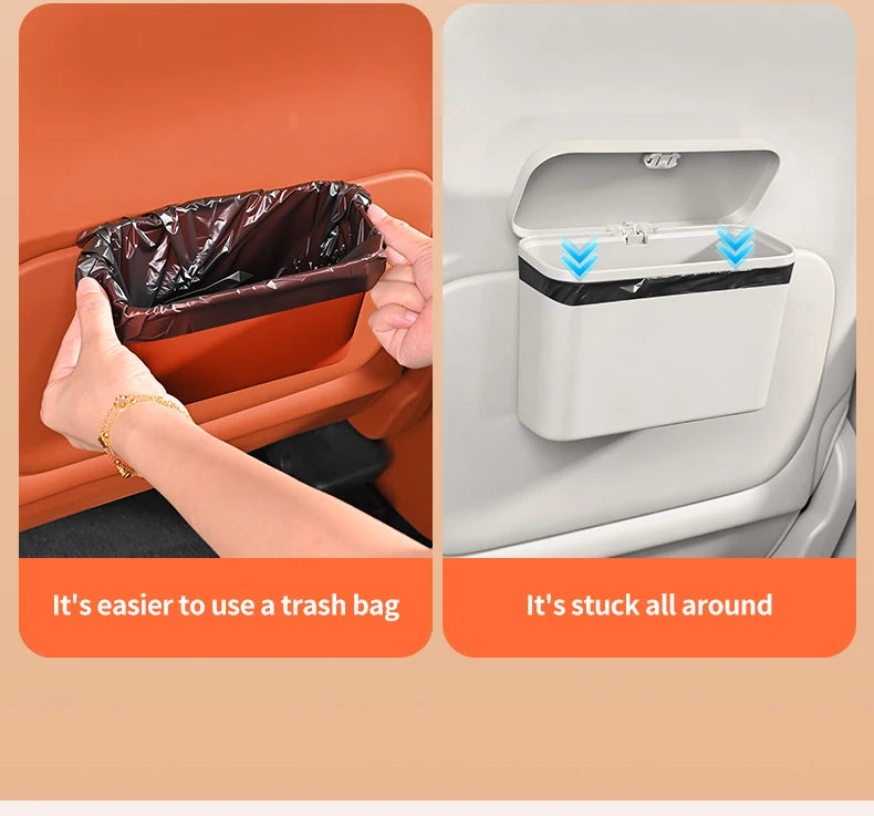 Multifunctional Car Trash Can with Lid Button Hanging Storage Bin for Wet and Dry Use Auto Interior Accessories Organizer Box