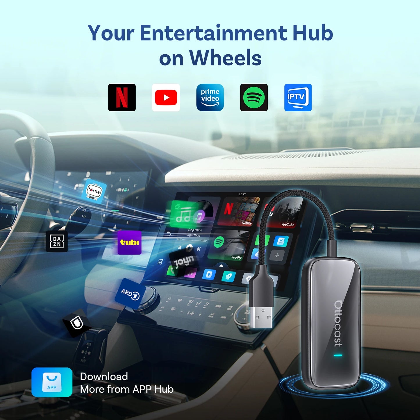 OTTOCAST Play2Video Ultra Wireless CarPlay AI Box Video Streaming for Car YouTube Netflix IPTV Plug&Play for Factory Wired CarPl
