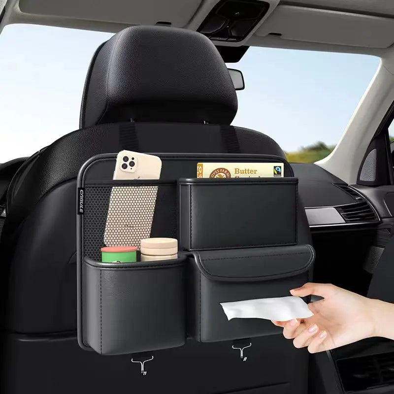 Premium PU Leather Car Seat Back & Trunk Organizer — 5-Pocket Multi-Use Storage