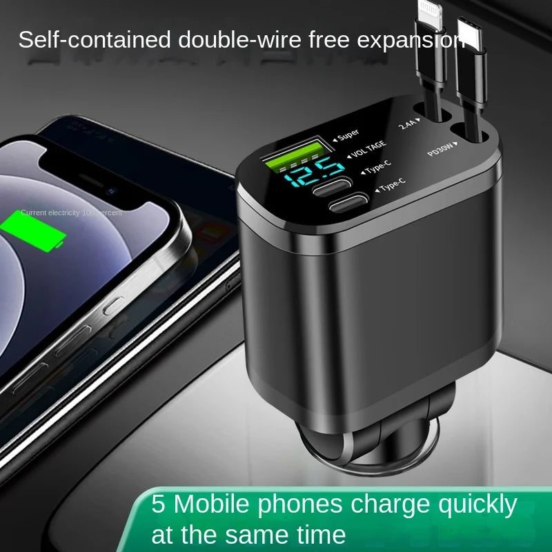 5-in-1 Car Charger | PD Fast Charging + Retractable Cable