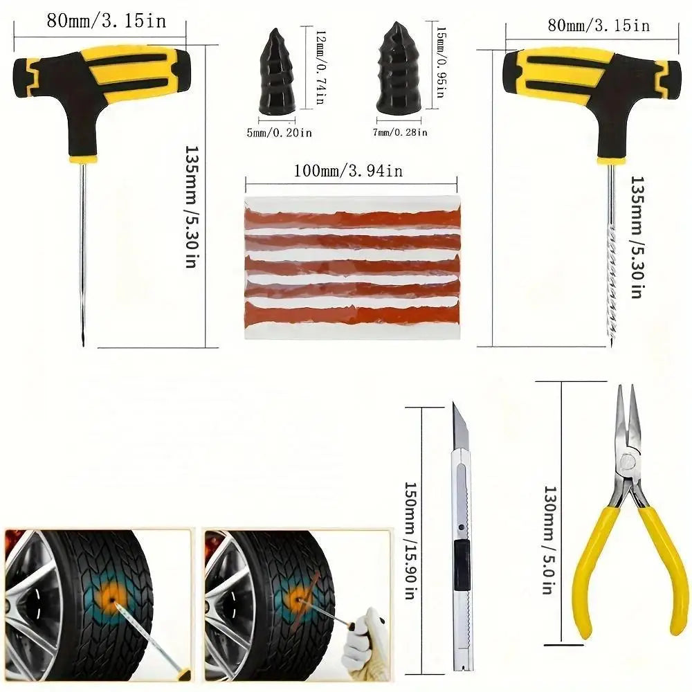 Portable Car Tire Puncture Repair Kit T-Handle Tools Glue Strips Universal for Truck Motorcycle RV Roadside Safety
