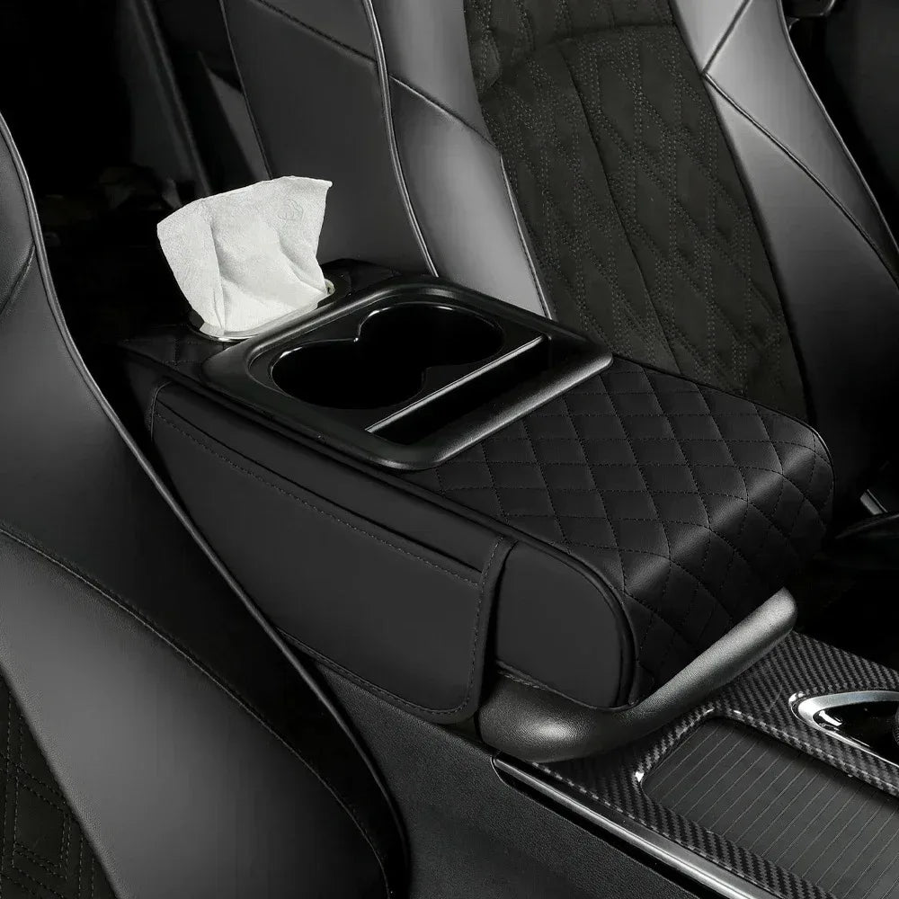 Car Armrest Storage Box — Center Console Organizer with Heightening Cushion & Cup Holder | 2 Colors