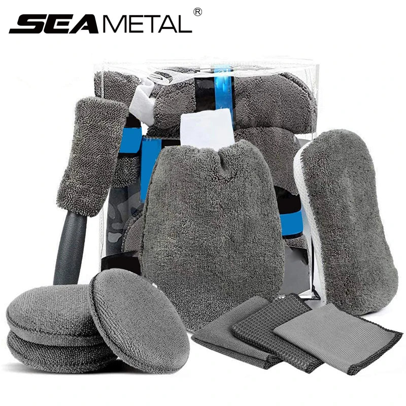 SEAMETAL 9-in-1 Car Wash Cleaning Kit — Microfiber Towels, Wash Glove, Sponge & Applicator Pads